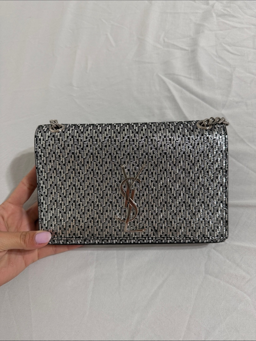 Saint Laurent Silver Black Woven Monogram Crossbody Bag